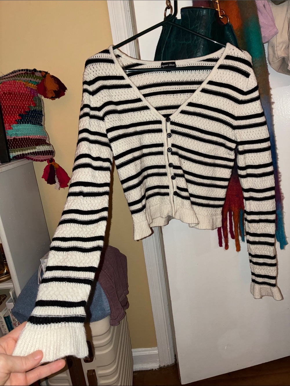 Striped V-Neck Button Crop Top Cardigan - Black & Cream